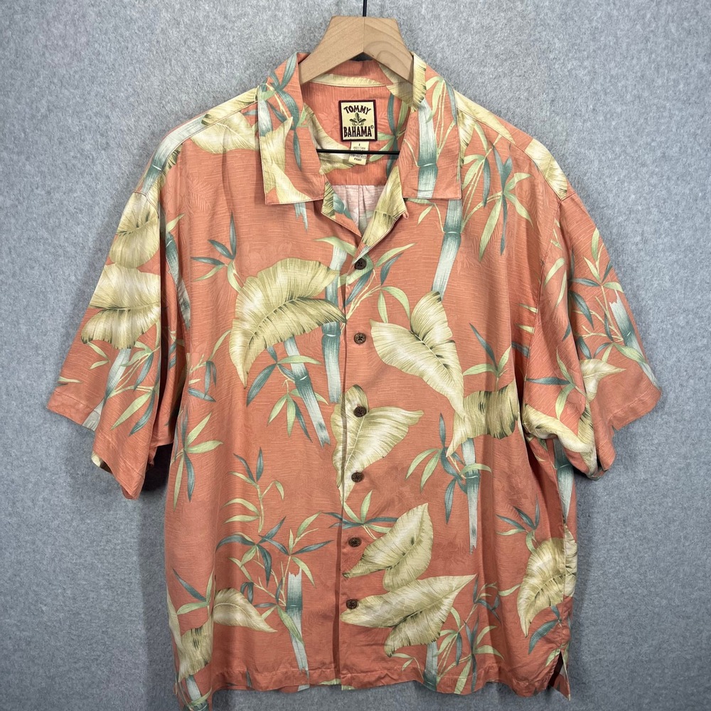 Tommy Bahama Hawaiian Camp Shirt Mens L Coral Bamboo Palm Leaf 100% Silk EUC